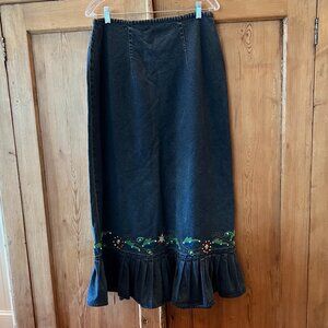 Vintage April Cornell Denim Midi Skirt Embroidery/Sequins 100% Cotton Size M